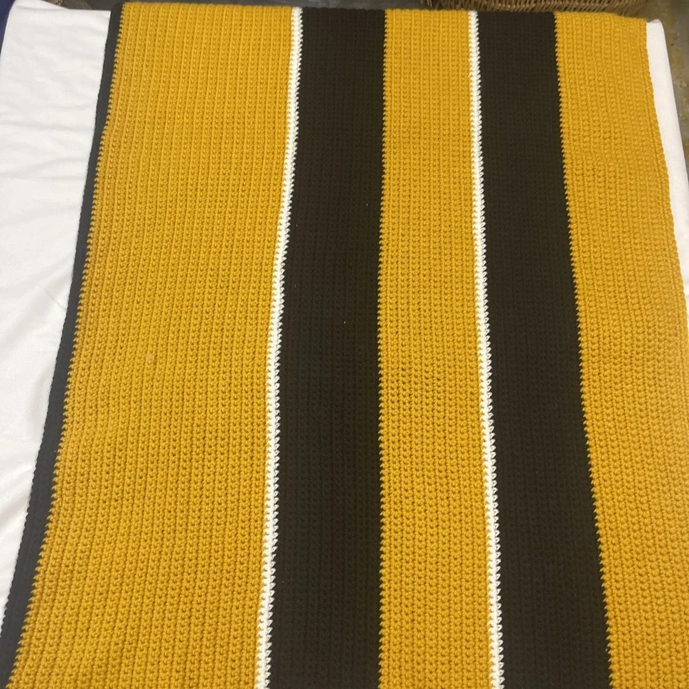 Vintage Handmade Afghan‎ Blanket Throw Crochet Knit Striped BLACK & GOLD 66